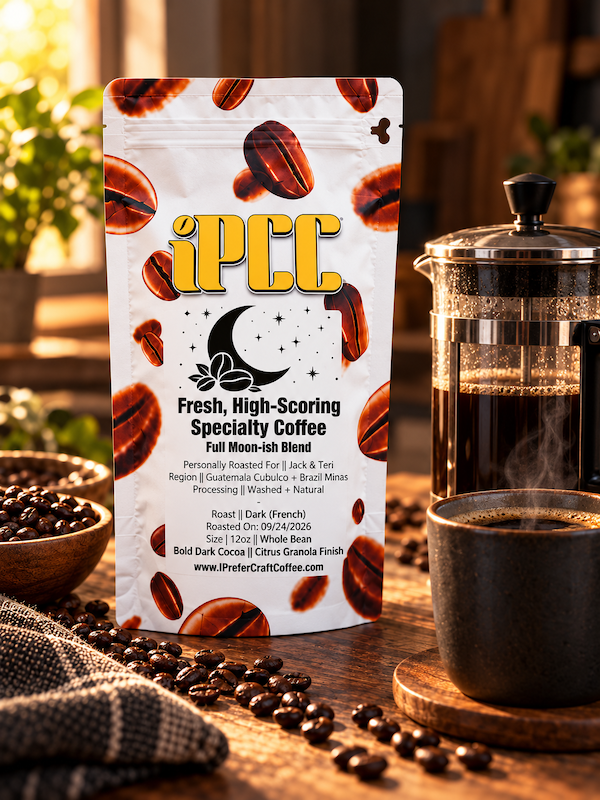Best dark roast coffee, Full-Moonish beans with a French press and a mug