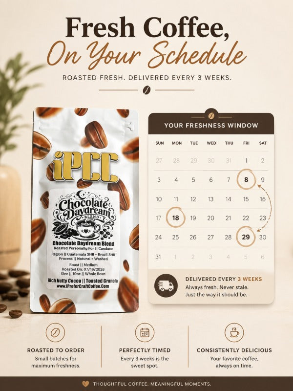 Coffee subscription for home delivery schedule matched to freshness window