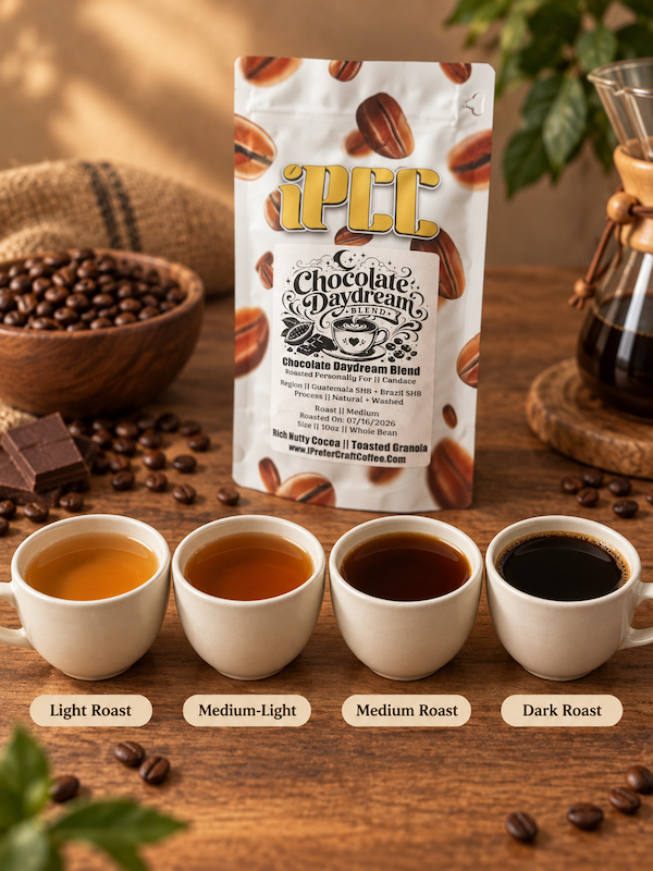 Light roast vs medium roast vs dark roast coffee color comparison